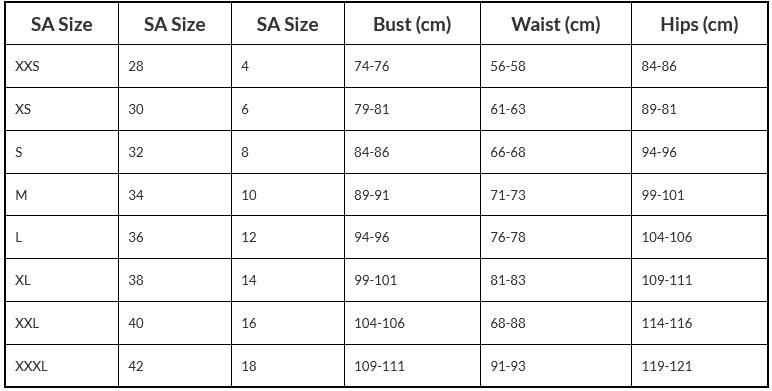 Miakay Size Chart